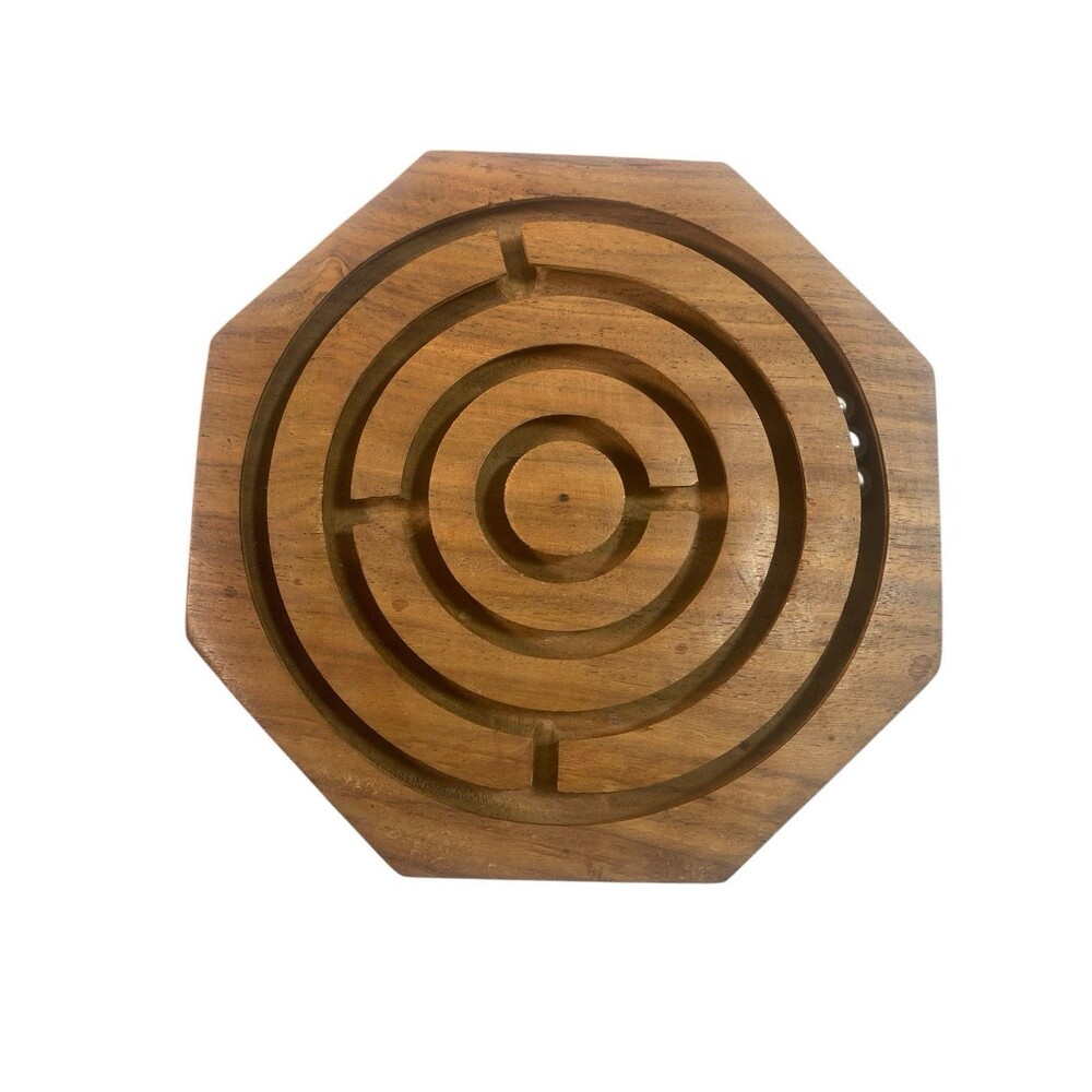 Wood Labyrinth Maze Puzzle Game Octagon 7" Brain Teaser Vintage
